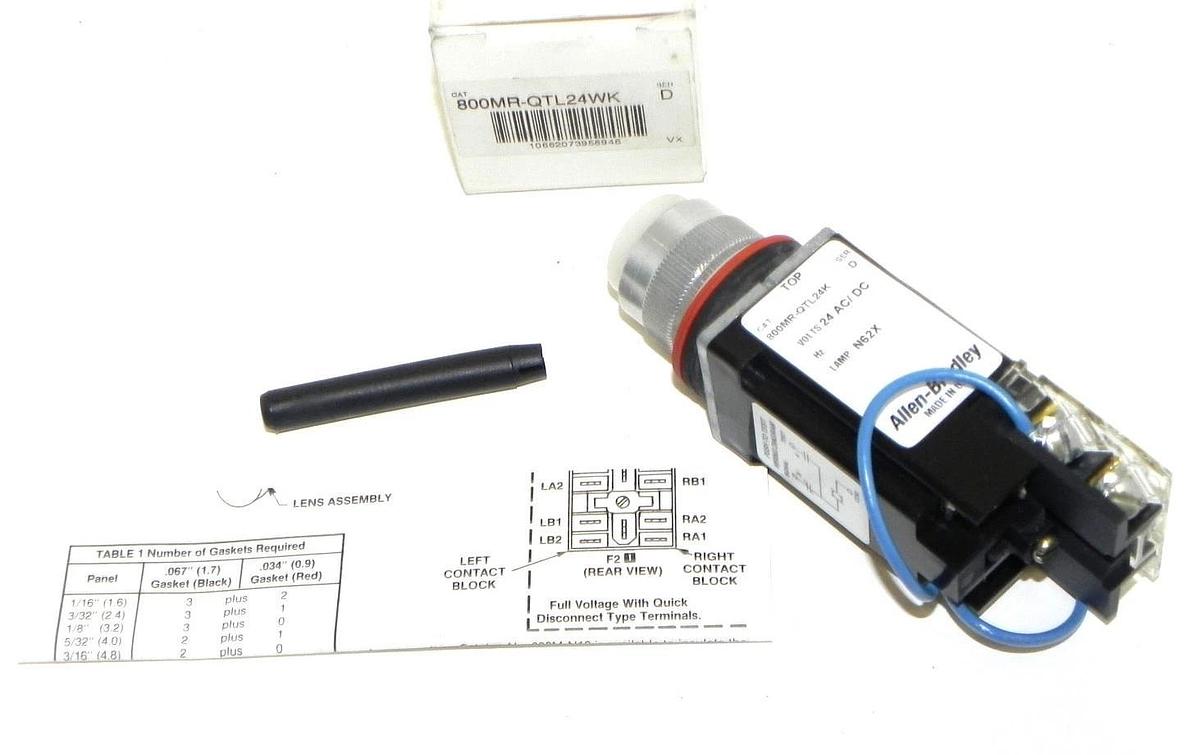Used NIB ALLEN BRADLEY 800MR-QTL24WK SMALL ROUND PILOT LIGHT SER. D 24V WHITE LED