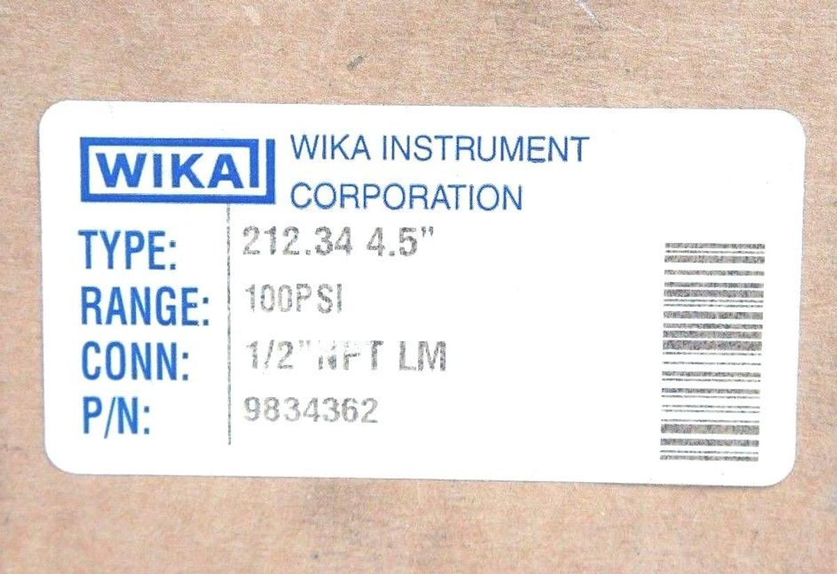 Used NIB WIKA 9834362 GAUGE TYPE 212.34 4.5" RANGE 100PSI CONN. 1/2" NPT