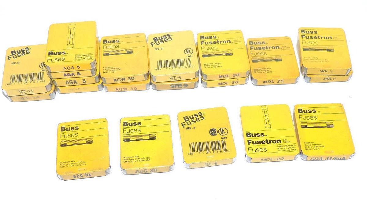 Used LOT OF 78 BUSSMANN FUSES ABC-3/4, ABC-30, MDL-8, MDL-20, GDA315MA, AGW-30, AGA-5