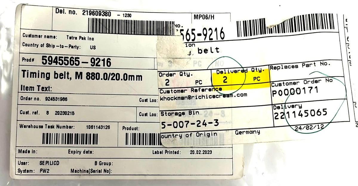 Tetra Pak 5945565-9216 Continental ContiTech HTD 880 8M CXP Timing Belt Lot of 2