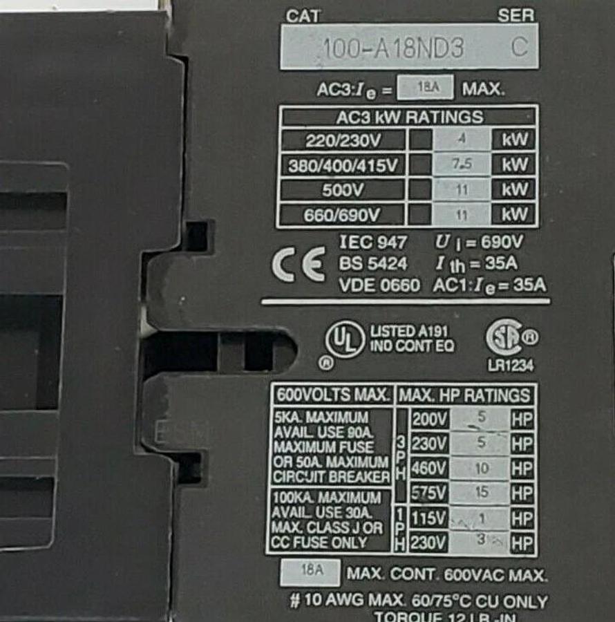Used ALLEN BRADLEY 100-A18ND3 CONTACTOR, SERIES C, 18A, 3P, 110/120VAC, 100A18ND3