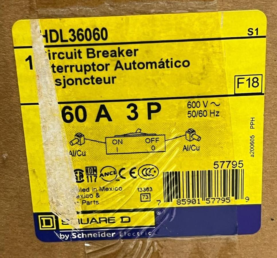 Used SQUARE D HDL36060 Circuit Breaker | PowerPact H-Frame | 60A 3P 600V | NSMP