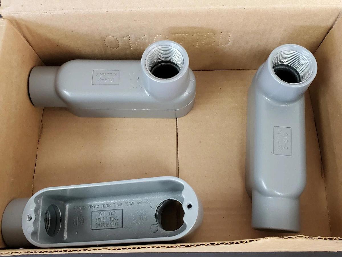 BOX OF 3 NEW KILLARK OLB-3, O SERIES TYPE LB CONDUIT BODIES ALUMINUM 1IN