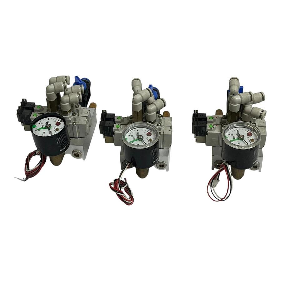 Used Lot of 3 TPC DV3120 Solenoid Valve Manifold Block SMC GP46 Pressure Gauge Switch