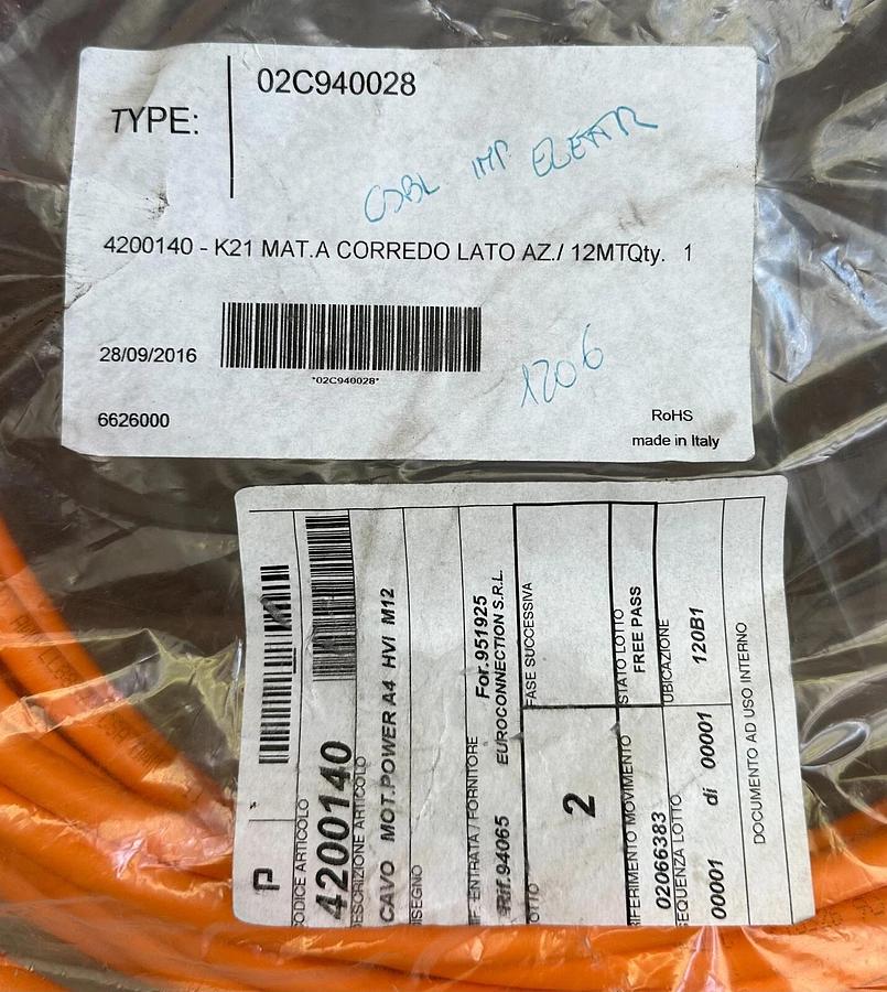 Used NEW 02C940028 / 4200140 K21 12MT SERVO MOTOR POWER CABLE A4 HVI M12