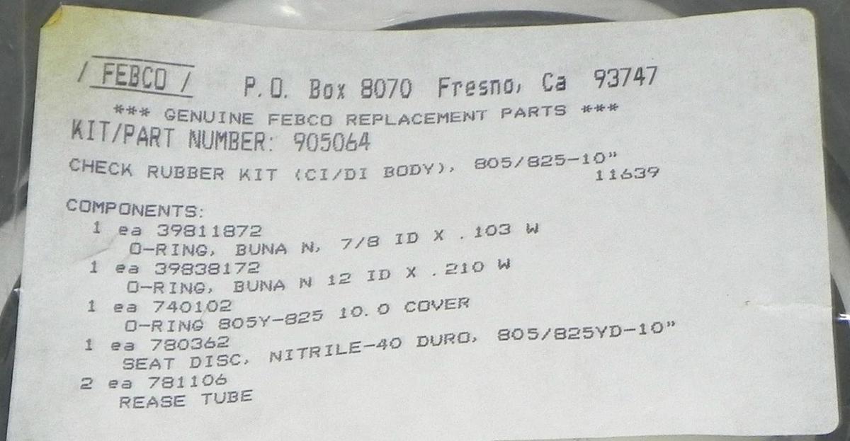 Used NEW FEBCO 905064 CHECK RUBBER KIT 805/825-10''