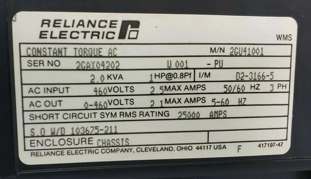 Used RELIANCE ELECTRIC 2GU41001 GP-2000 AC VS DRIVE, 1.7KVA, 1HP, 3 PHASE