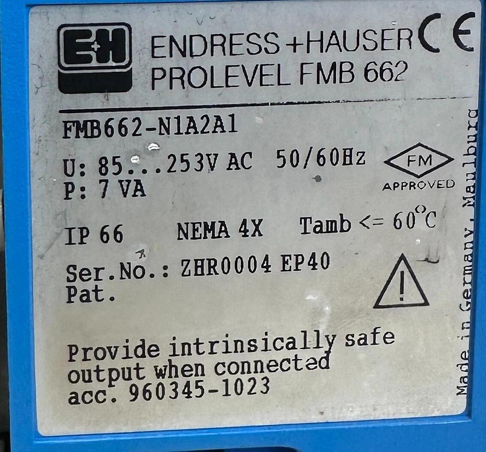 Used ENDRESS+HAUSER FMB662-N1A2A1 PROLEVEL FMB 662 LEVEL TRANSMITTER 85-253VAC USNP