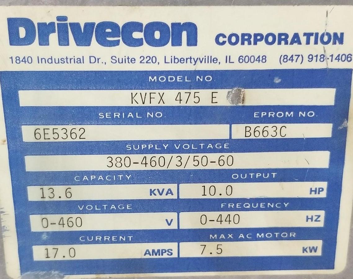 Used DRIVECON CORP. KVFX-475-E DRIVE BASE W/ HEAT SINK 380-460V/3/50-60HZ KVFX475E