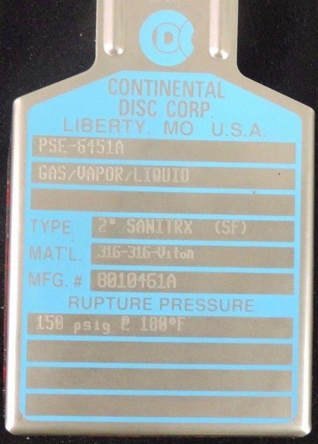 Used NIB CONTINENTAL DISC 8010461A RUPTURE DISC 2" SANITRX GAS/VAPOR/LIQUID PSE-6451A