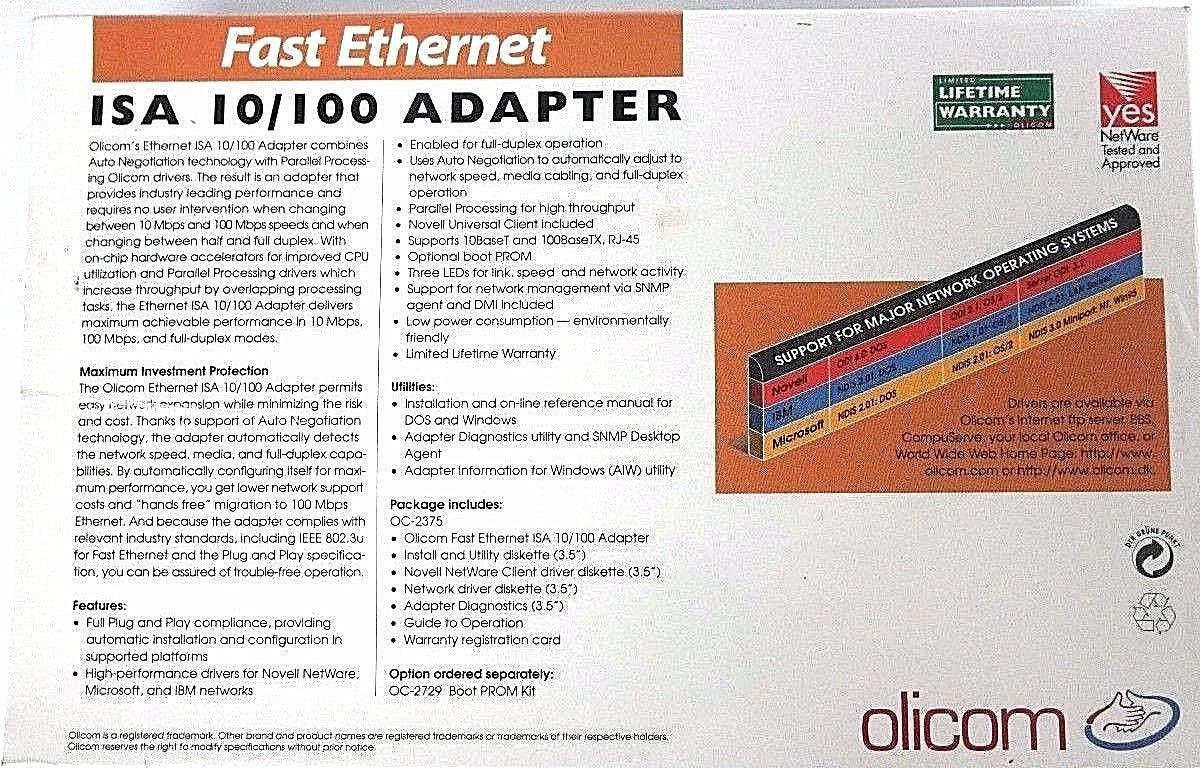 Used NEW SEALED OLICOM OC-2325 FAST ETHERNET ISA 10/100 ADAPTER 23251551