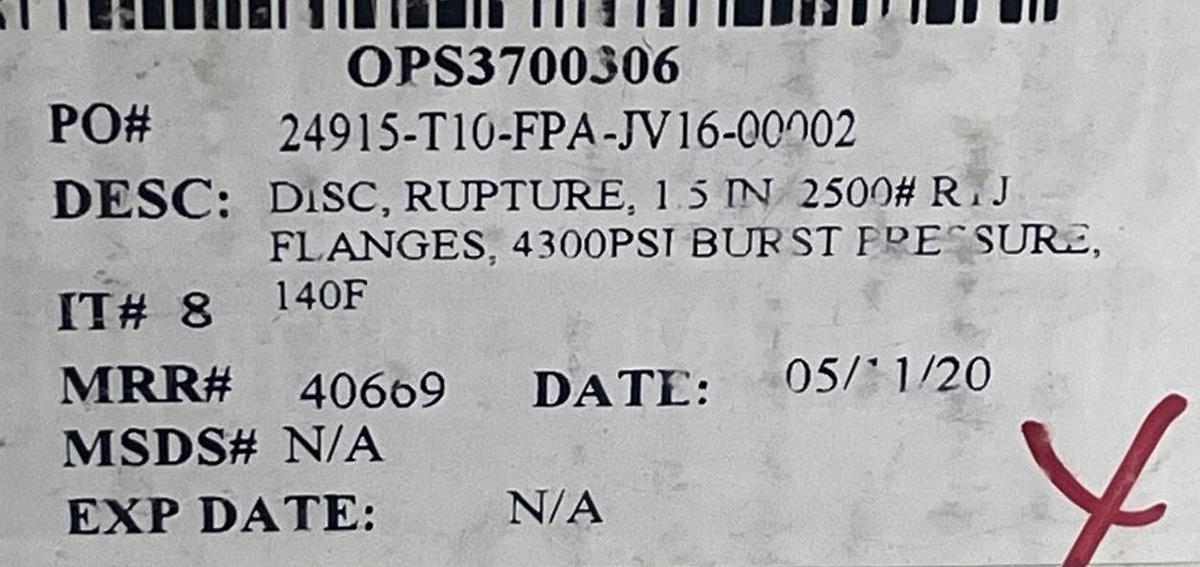 Used BS&B 1.5" Rupture Disk Type B Hastelloy C276 Burst 4245 PSIG @ 140 F 1.5 Inch