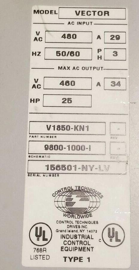 Used CONTROL TECHNIQUES V1850-KN1 FLUX VECTOR DRIVE 9800-1000-I 25HP V1850