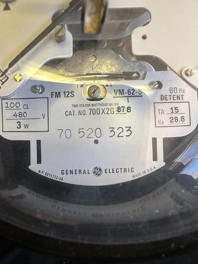 Used GENERAL ELECTRIC 700X2G878 TWO STATOR WATTHOUR METER FM12S VM-62-S 70 520 323