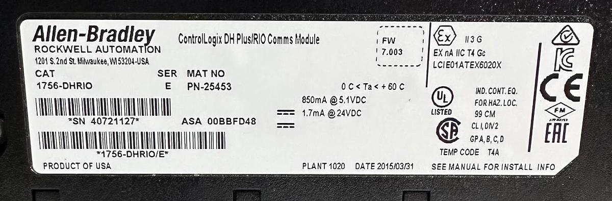 Used ALLEN BRADLEY 1756-DHRIO /E ControlLogix DH Plus/RIO COMMS MODULE 1756DHRIO