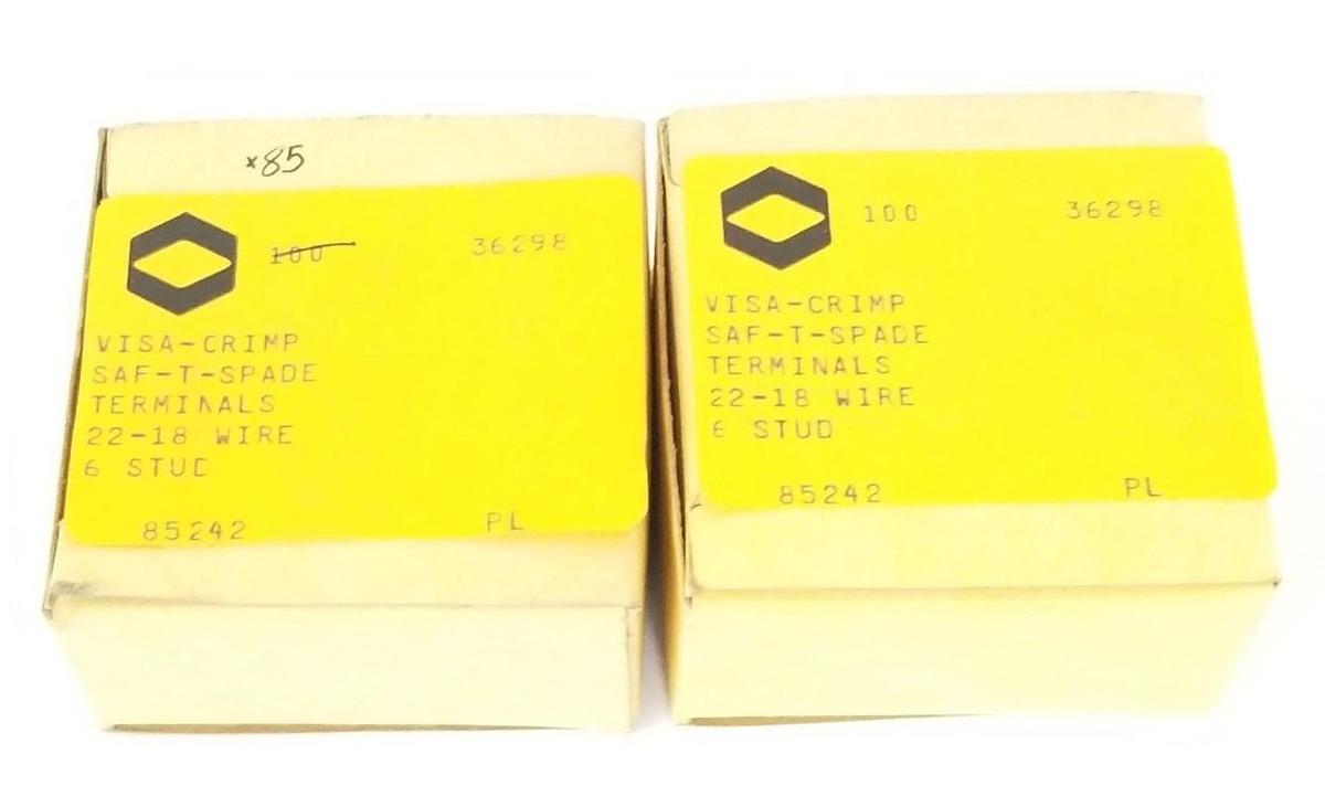 Used LOT OF 185 NEW VISA-CRIMP 85242 SAF-T-SPADE TERMINALS, 22-18 WIRE, 6 STUD, 36298