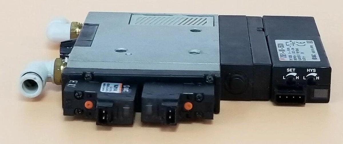 Used SMC ZM131H VACUUM EJECTOR W/ ZSE1-00-55CN SWITCH, VJ114 & VJ114-5LOZ SOLENOIDS