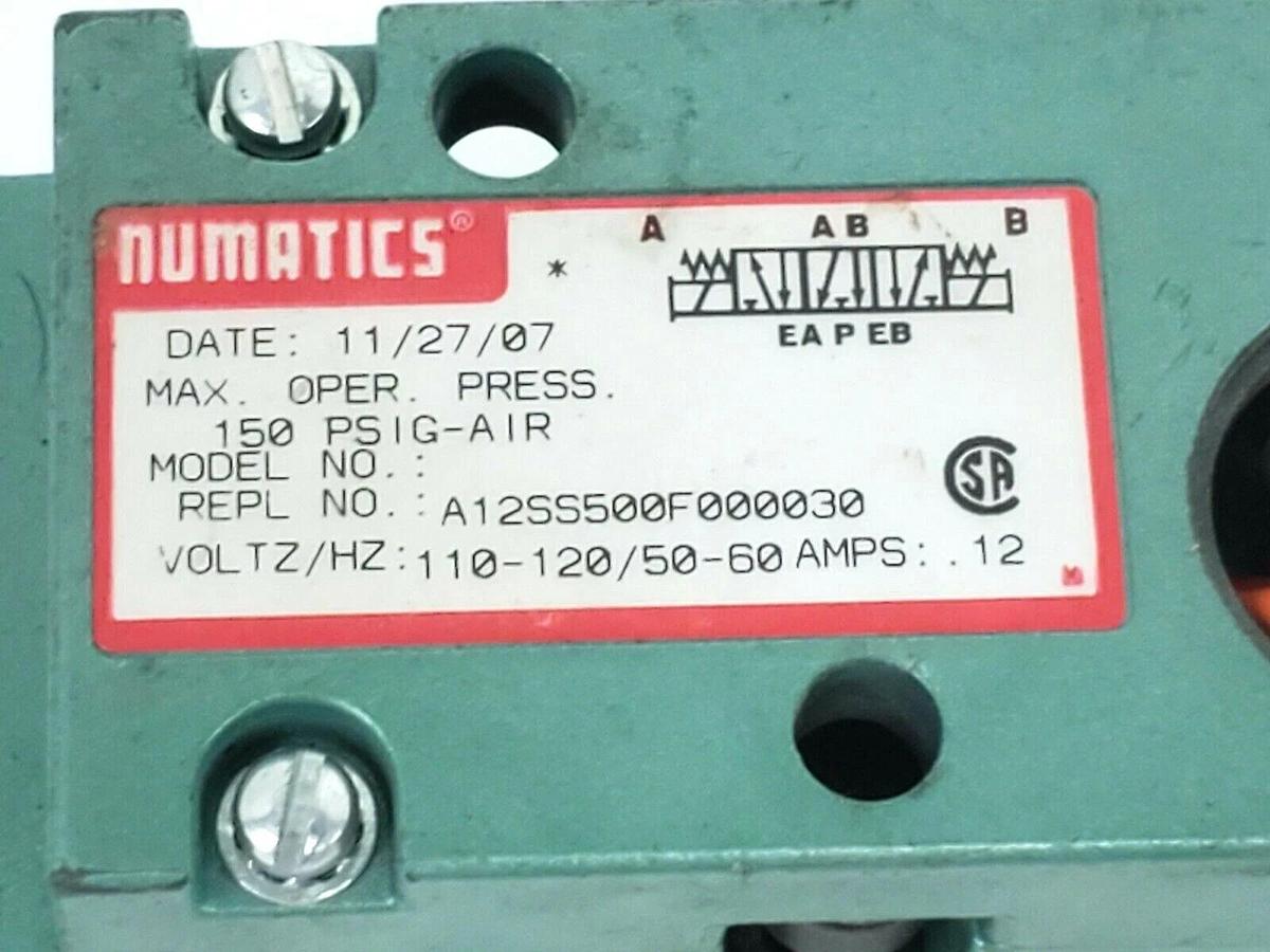 Used NUMATICS A12SS500F000030 SOLENOID VALVE BODY 150 PSIG-AIR 110-120V
