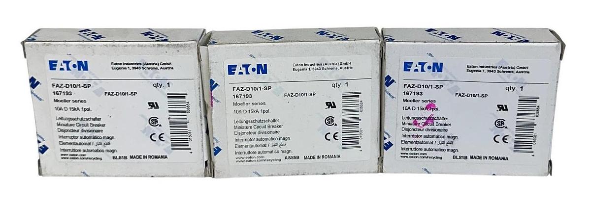 3 EATON FAZ-D10/1-SP / FAZD101SP MINI CIRCUIT BREAKERS 10A 15kA 1P 167193 NSMP