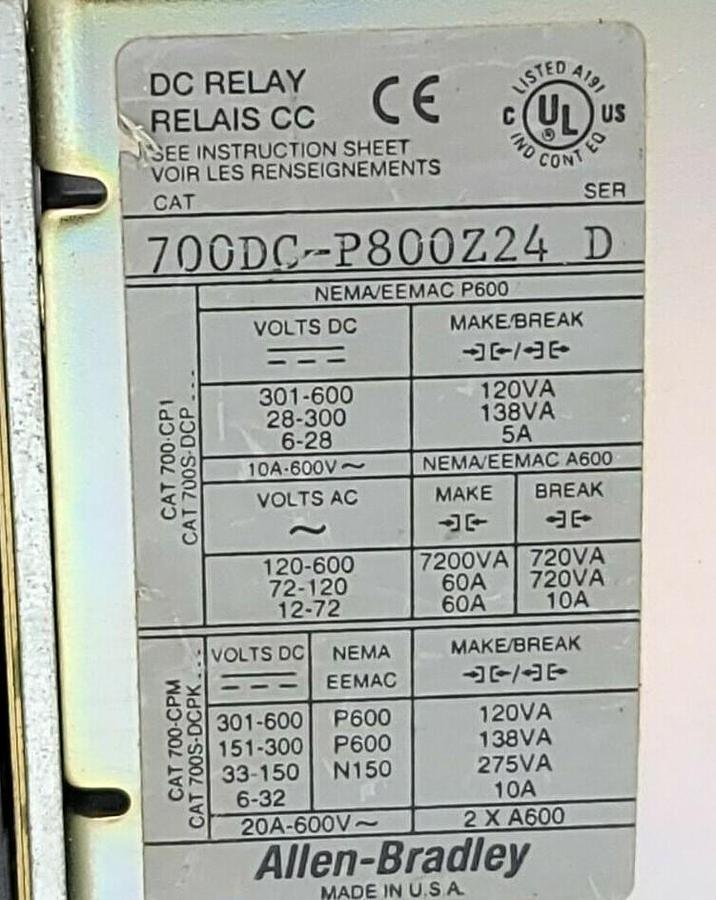 Used ALLEN BRADLEY 700DC-P800Z24 SER. D RELAY DC 24V, 700DCP800Z24
