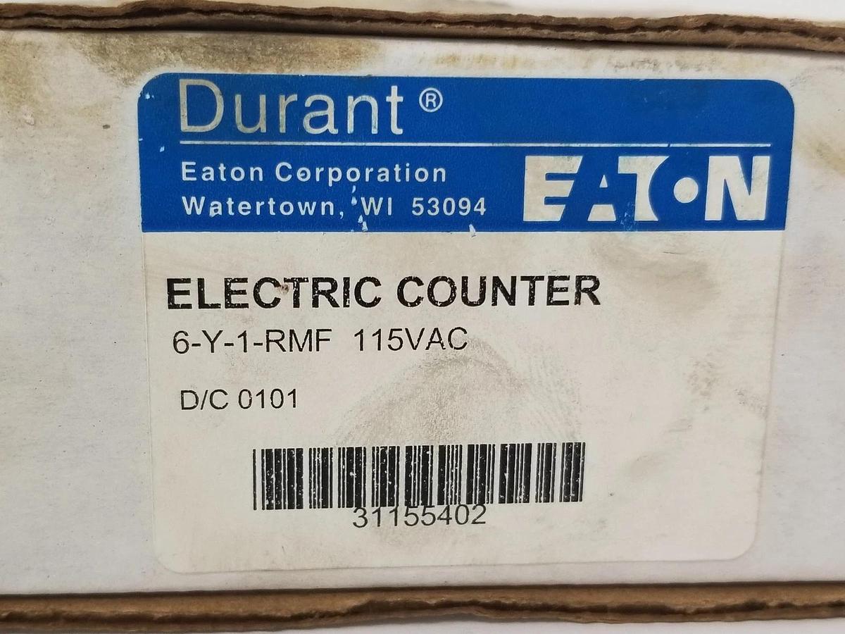 Used NIB EATON DURANT 6-Y-1-RMF 115VAC ELECTRIC COUNTER 31155-402, 6Y1RMF