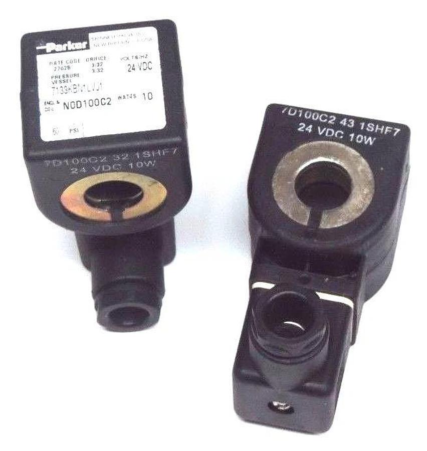 Used LOT OF 2 PARKER 7133KBN1LVJ1 SOLENOID VALVE COILS W/ CONNECTOR 7D100C2, 24VDC