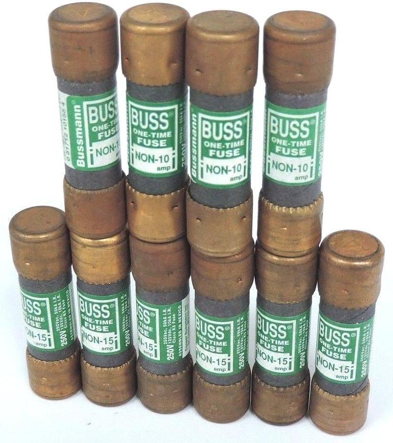 Used LOT OF 6 BUSSMANN NON-15 ONE-TIME FUSES NON15 & 4 NON-10 ONE-TIME FUSES