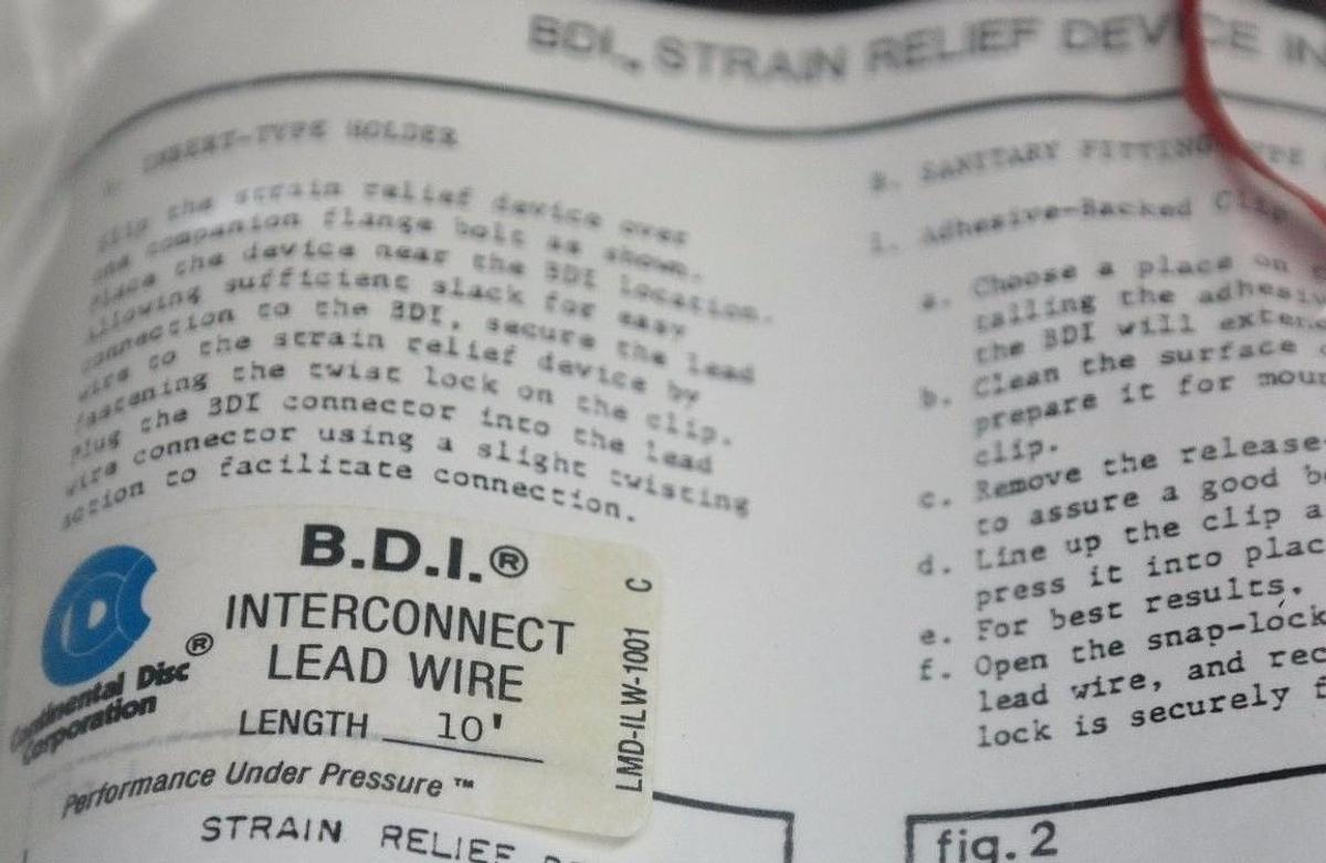 Used CONTINENTAL DISC LMDILW1001 BDI STRAIN RELIEF DEVICE INTERCONNECT LEAD WIRE 10'