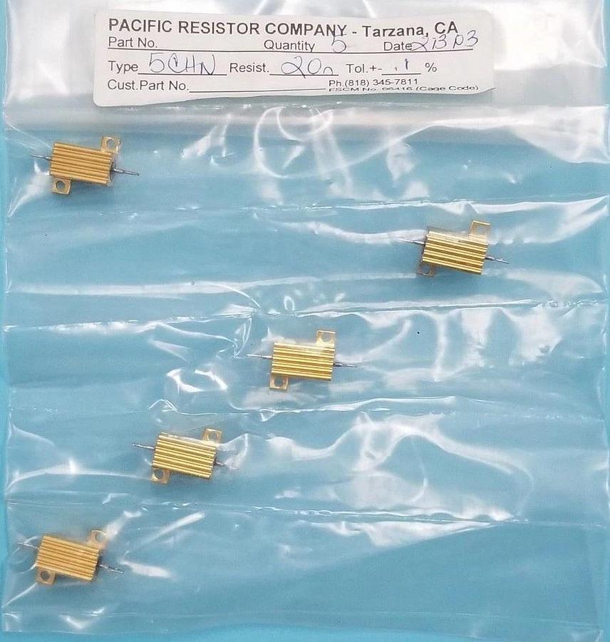 Used LOT OF 5 NEW PACIFIC RESISTOR COMPANY 5CHN RESISTORS 20 OHM, +/-0.1%, 5W