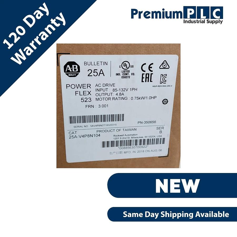 NEW ALLEN BRADLEY 25A-V4P8N104 /B POWERFLEX 523 AC DRIVE 0.75kW/1.0HP FRN. 3.001 885630700922