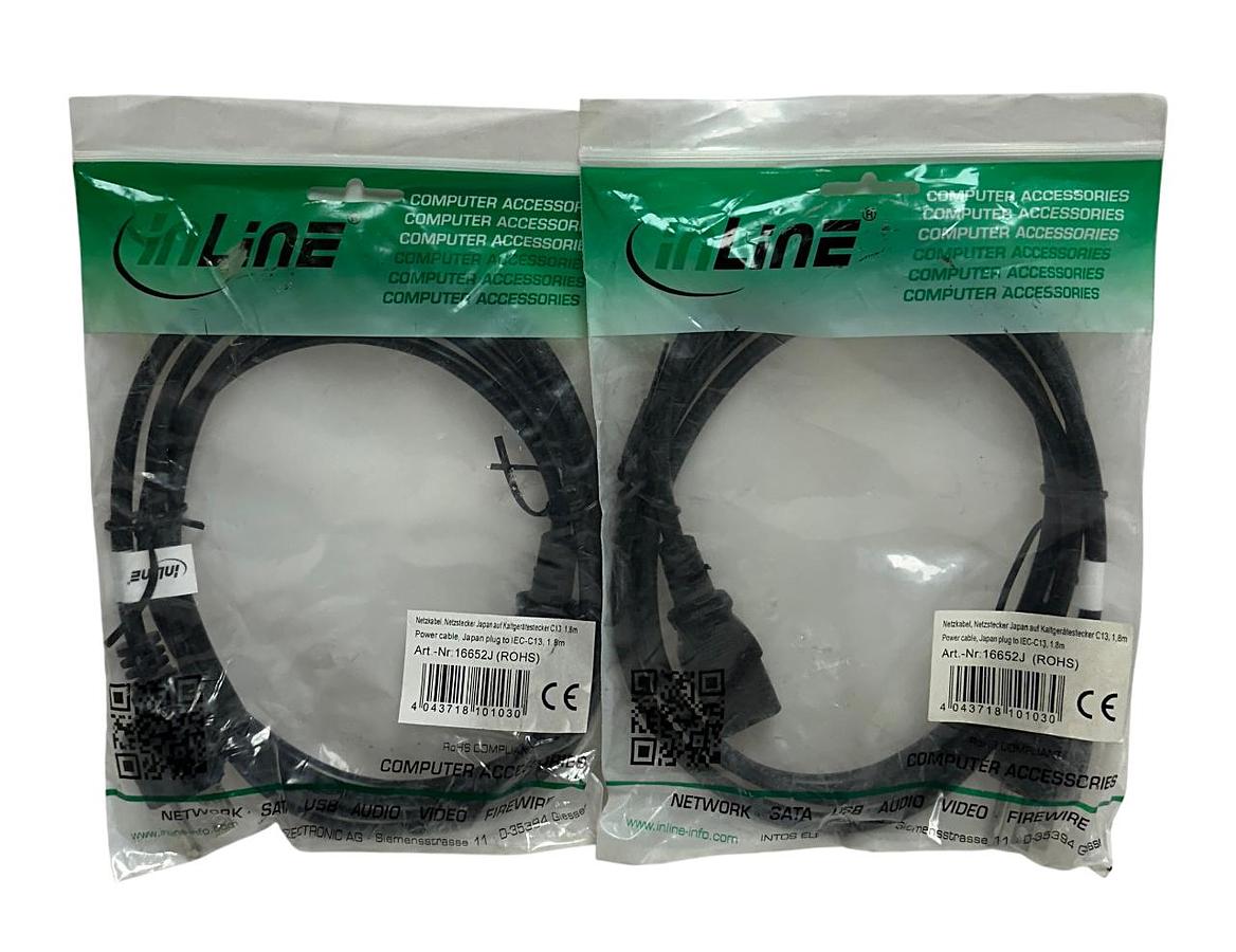 Used 2 INLINE 16652E POWER CABLES UK/ENGLAND PLUG TO IEC-C13 1.8M LENGTH NSMP