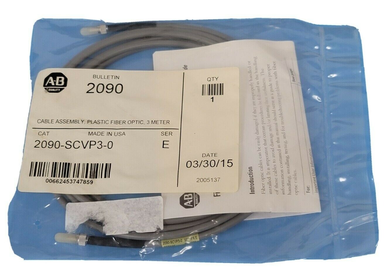 NEW ALLEN BRADLEY 2090-SCVP3-0 SER. E CABLE ASSEMBLY, PLASTIC FIBER OPTIC 3M