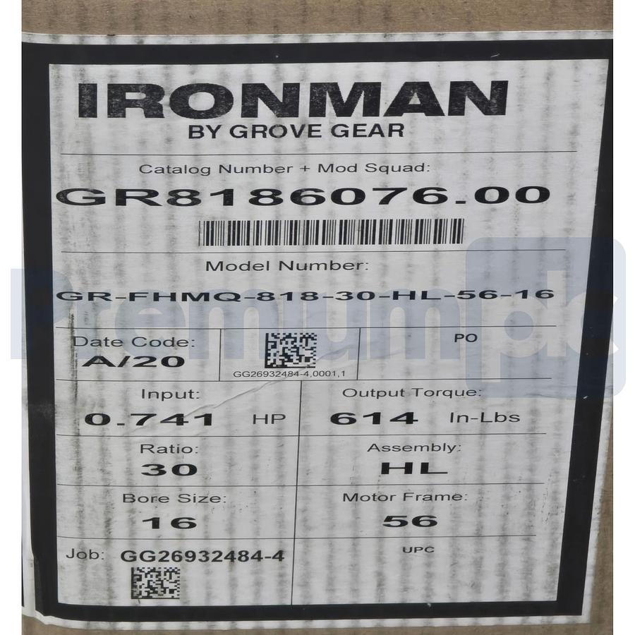 Used GROVE GEAR IRONMAN GR-FHMQ818-30-HL-56-16 GEAR REDUCER 30:1 GR8186076.00 NSMP