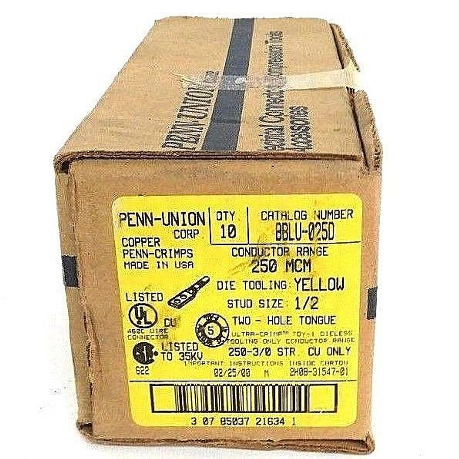 Used BOX OF 6 NEW TELEDYNE PENN-UNION BBLU-025D COPPER CRIMPS YELLOW 1/2"