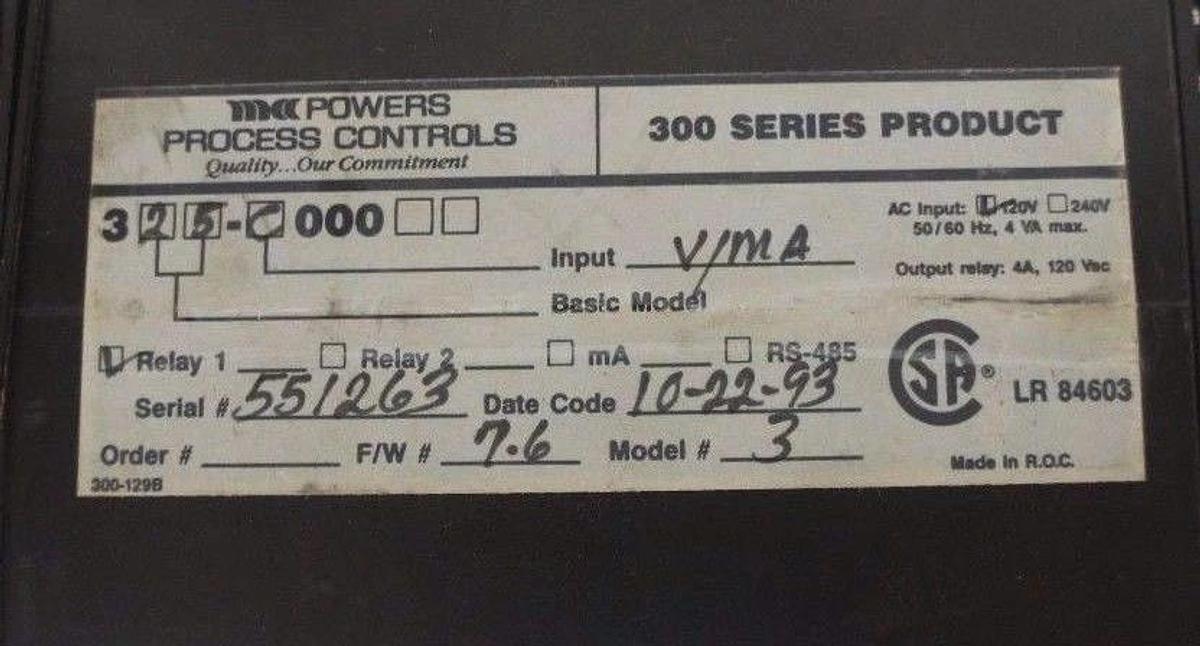 Used POWERS PROCESS CONTROLS 325-C000 DIGITAL TEMP. CONTROLLER 300 SERIES F/W 7.6