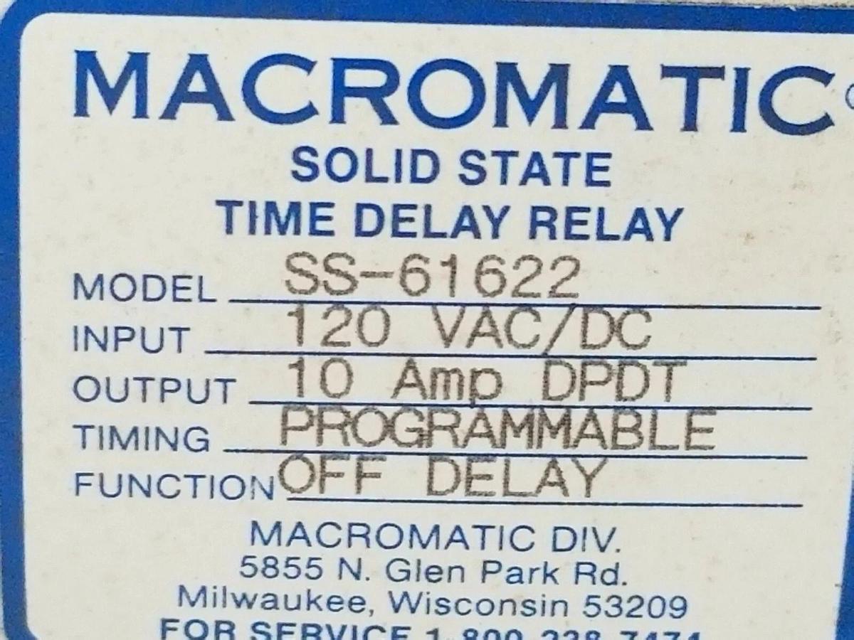 Used NIB MACROMATIC SS-61622 SOLID STATE TIME DELAY RELAY SS61622, 120 VAC/DC, 10 AMP