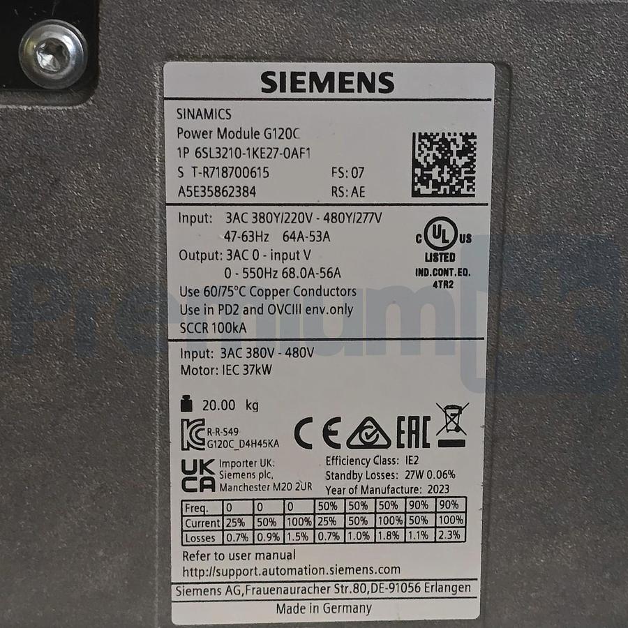 Used Siemens 6SL3210-1KE27-0AF1 Sinamics G120C Power Module 3Ph 37kW 50HP NSMP (read)