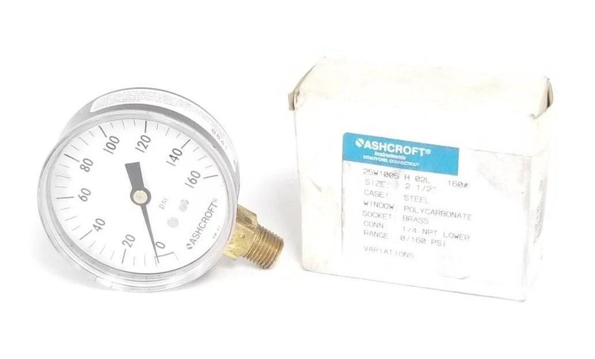 Used NIB ASHCROFT 25W-1005-H-02L-160 PRESSURE GAUGE 0-160PSI 2.5IN DIA. 1/4INCH NPT