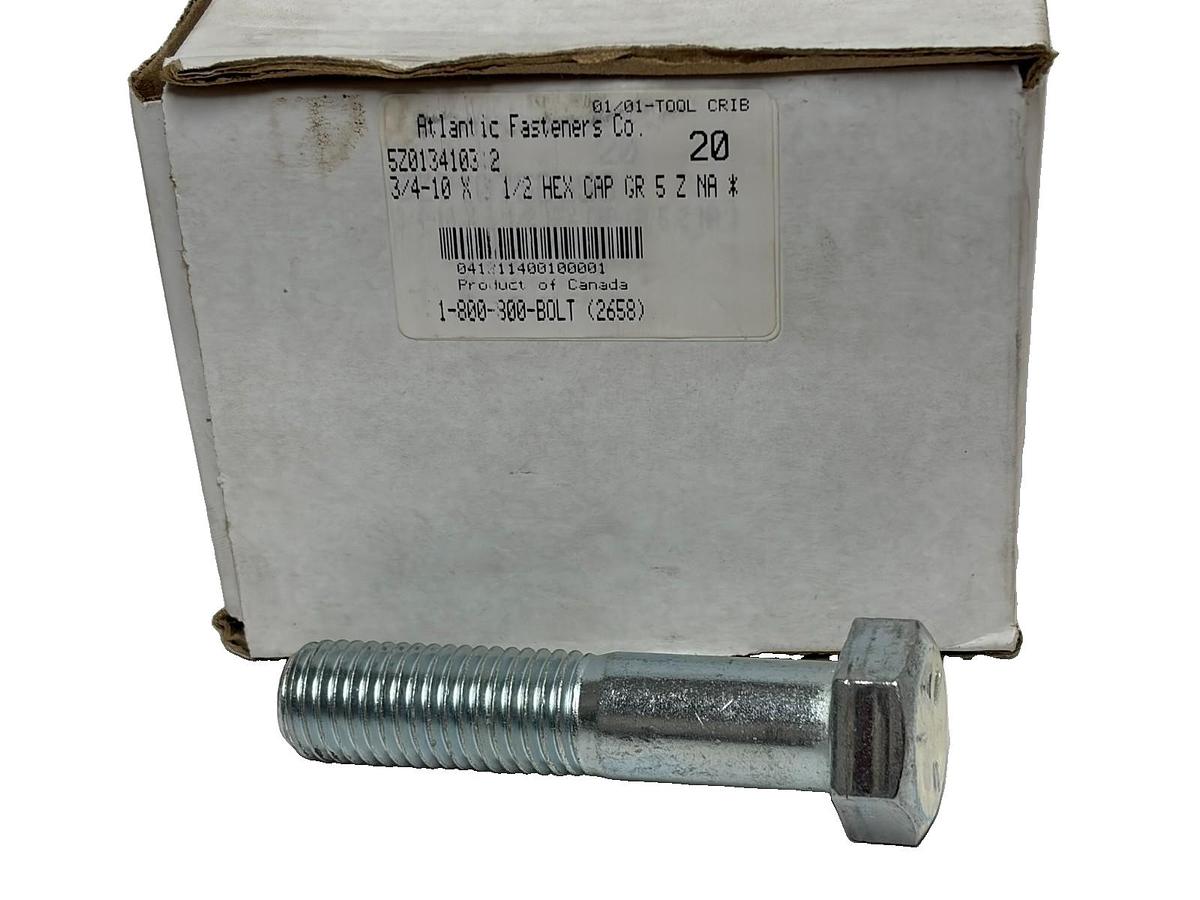 Used Box of 20 Atlantic Fasteners 3/4-10 x 2-1/2" Grade 5 Zinc Hex Cap Screw Bolts
