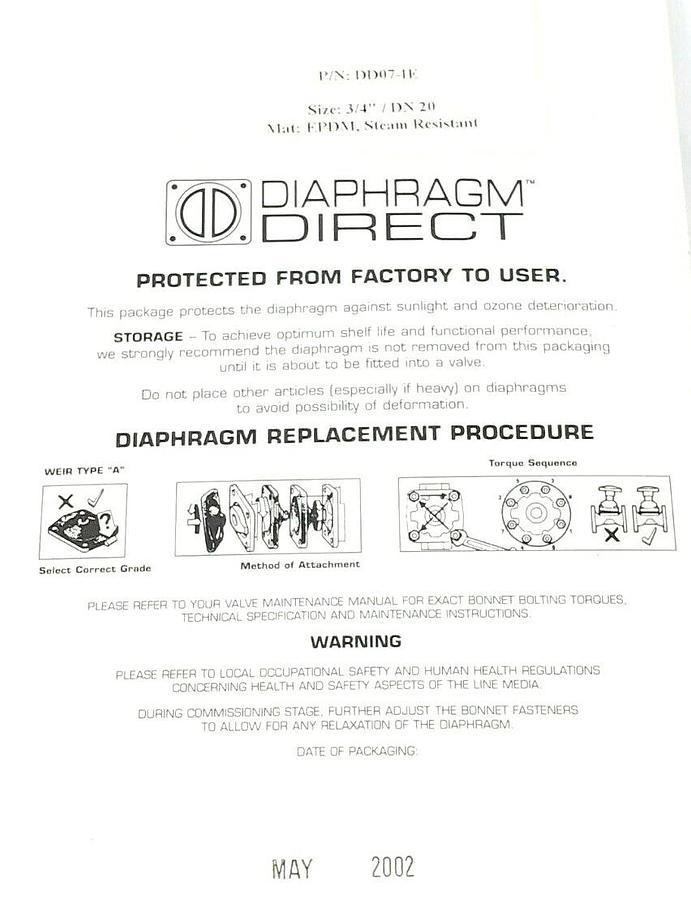 NEW DIAPHRAGM DIRECT P/N: DD07-IE SIZE: 3/4'' / DN 20 MAT: EPDM, STEAM RESISTANT