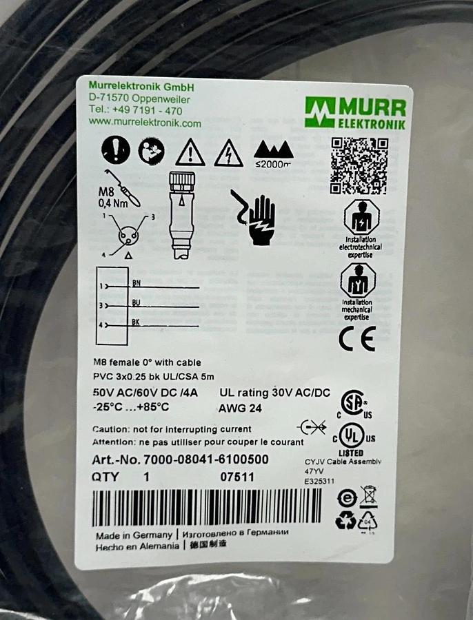 Used 2 MURR ELEKTRONIK 7000-08041-6100500 / 7000-08081-6300500 CONNECTION CABLES NSFS
