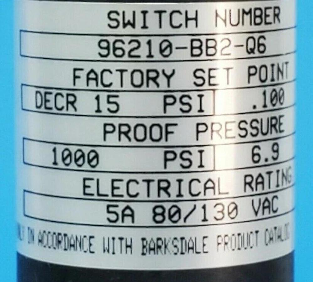 NIB BARKSDALE 96210-BB2-Q6 PRESSURE SWITCH 5A 80/130VAC 96210BB2Q6, 1000 PSI