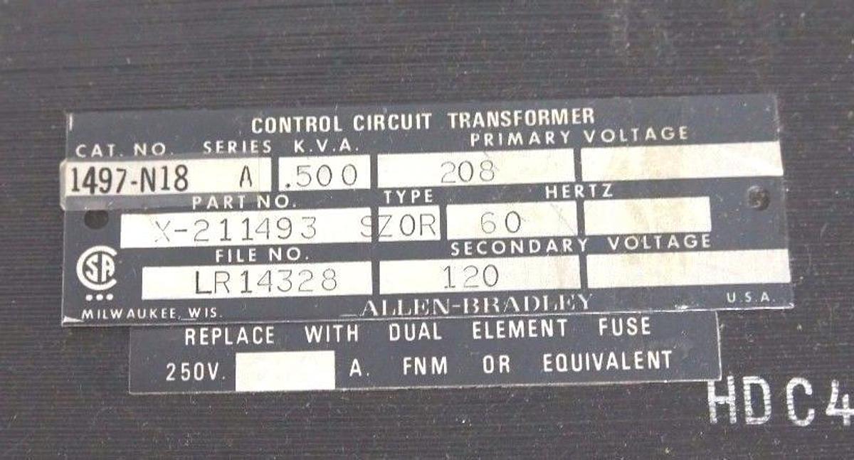 Used ALLEN BRADLEY 1497-N18 SERIES A CONTROL CIRCUIT TRANSFORMER X-211493