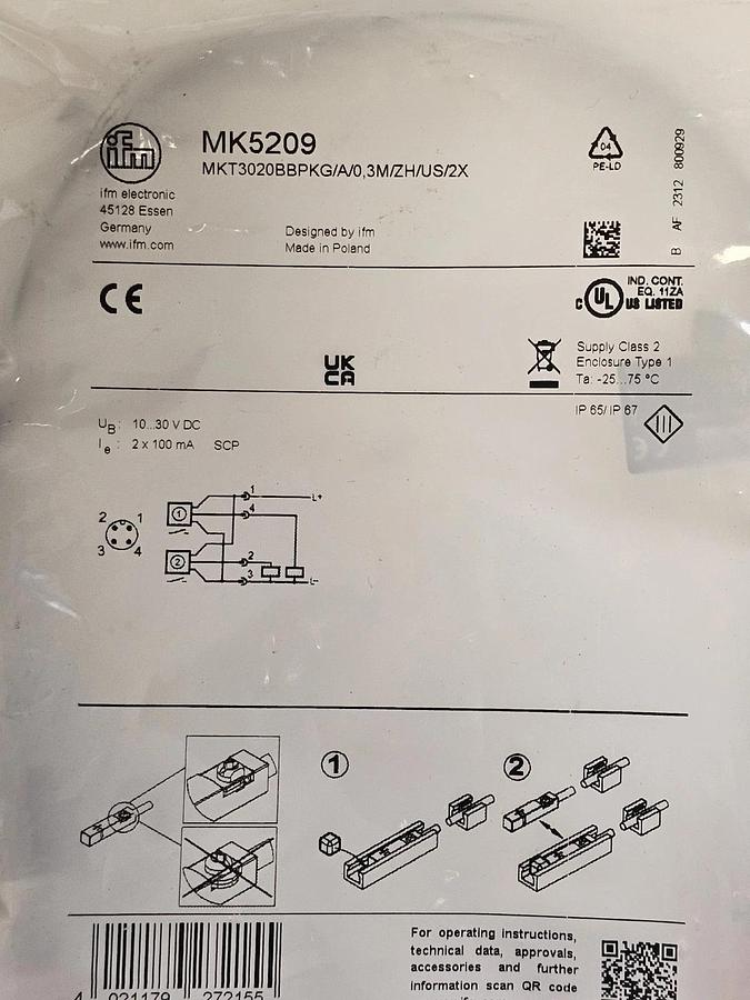 Used NEW IFM MKT3020BBPKG/A/0,3M/ZH/US/2X T-SLOT CYLINDER SENSOR MK5209 10...30V DC