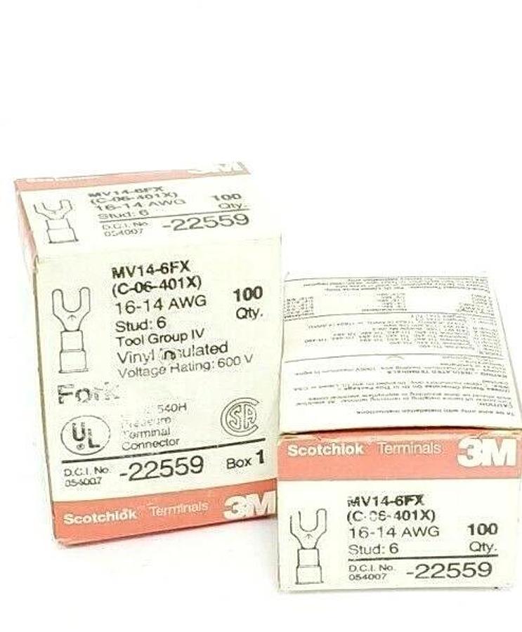 Used LOT OF 200 NEW 3M MV14-6FX (C-06-401X) FORK TERMINALS 16-14 AWG 600V, STUD: 6