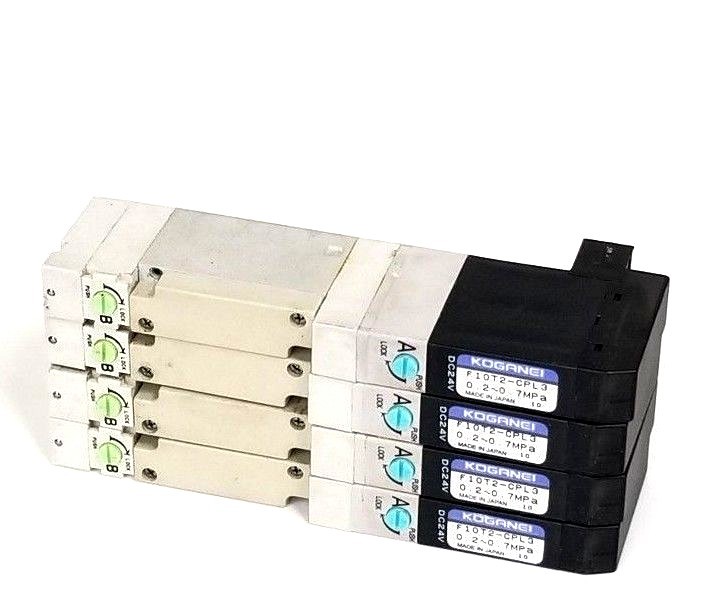 Used LOT OF 4 KOGANEI F10T2-CPL3 SOLENOID VALVES 24VDC, 0.2~0.7MPA, F10T2CPL3DC24V
