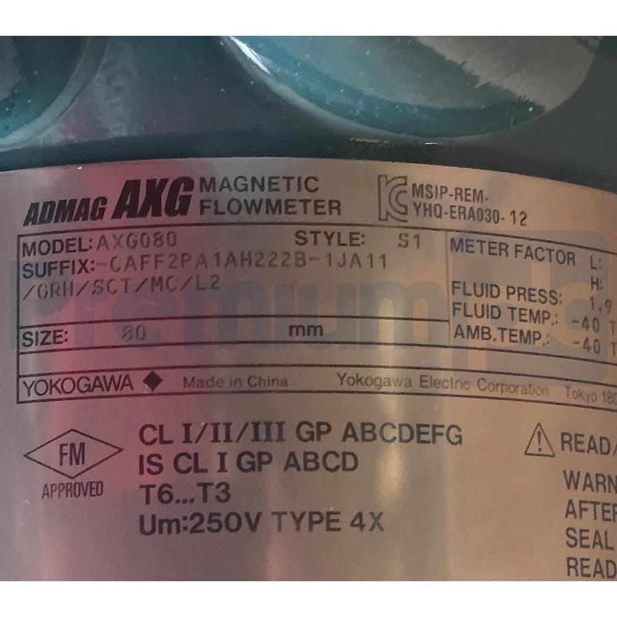 Yokogawa ADMAG AGX Magnetic Flowmeter AXG080-CAFF2PA1AH222B-1JA11/GRH/SCT/MC/L2