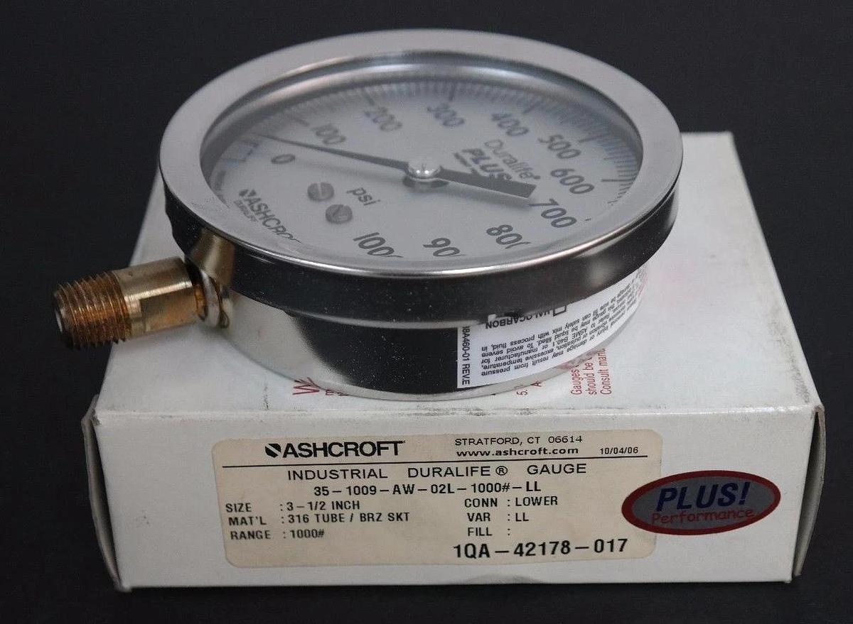Used NIB ASHCROFT 35-1009-AW-02L-1000#-LL DURALIFE GAUGE 3-1/2 INCH, 1QA-42178-017