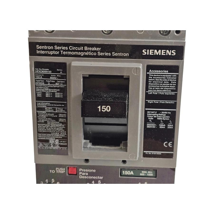 SIEMENS HFXD63B150 SENTRON CIRCUIT BREAKER 3P/150A/600V~/65kA@480V~ w/TRIP NSMP 783643318144