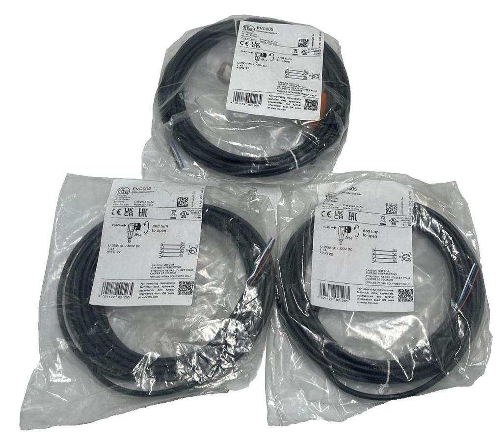 Used LOT OF 3 IFM Electronic EVC005 Sensor Cable Cordset M12 Male Straight 4-Pin 2m